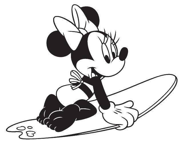 Coloring Minnie mouse with a beautiful bow on the surf. Category Mickey mouse. Tags:  Disney, Mickey Mouse, Minnie Mouse.