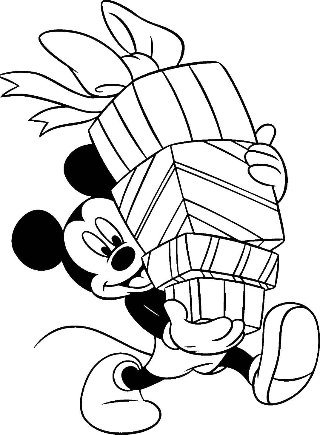 Название: Раскраска Микки маус несёт подарки. Категория: Персонаж из мультфильма. Теги: Дисней, Микки Маус.