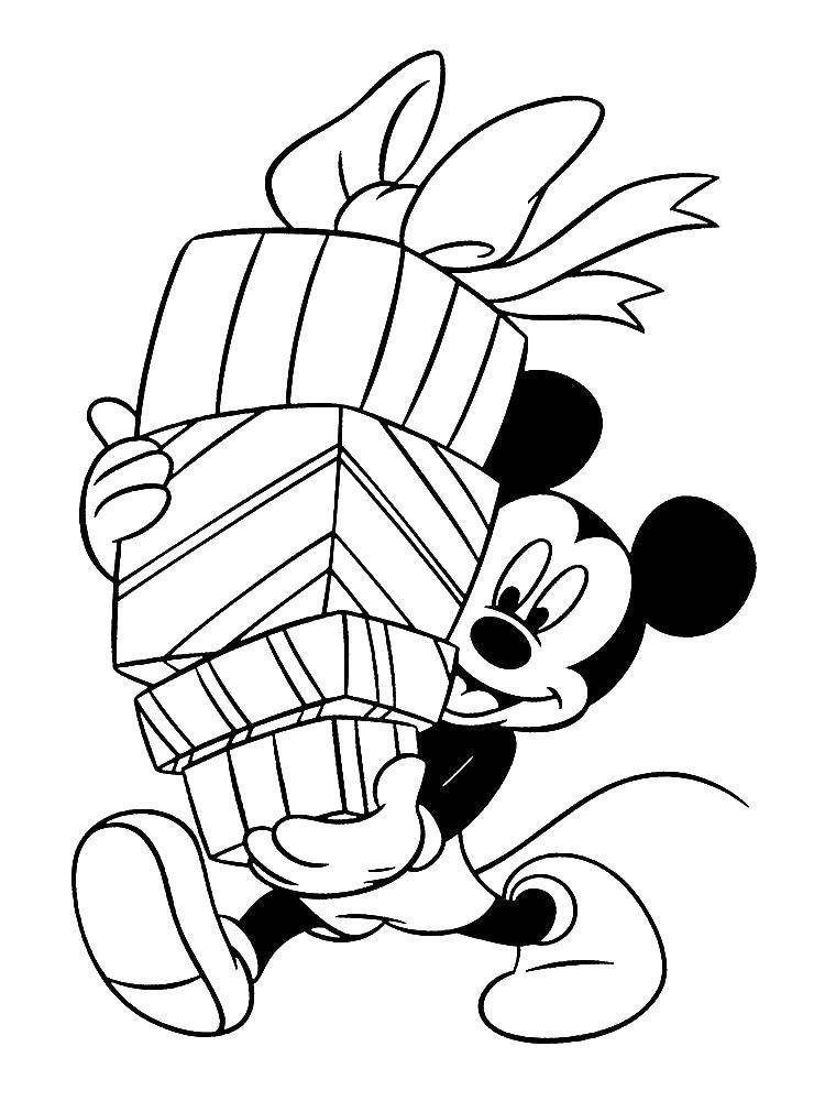 Название: Раскраска Микки маус несёт подарки. Категория: Персонаж из мультфильма. Теги: Дисней, Микки Маус.