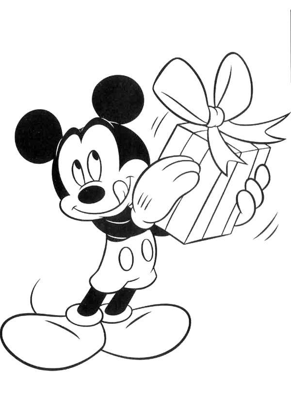 Название: Раскраска Микки маус с подарочком. Категория: Персонаж из мультфильма. Теги: Дисней, Микки Маус.