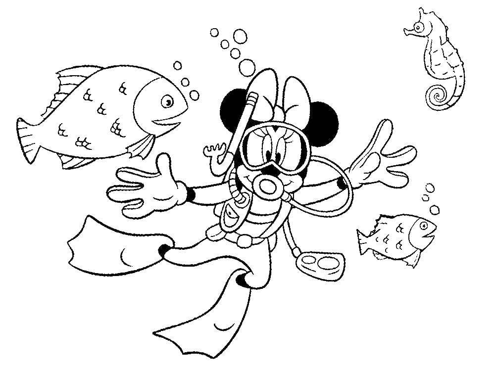 Название: Раскраска Минни маус под водой. Категория: Диснеевские мультфильмы. Теги: Дисней, Микки Маус, Минни Маус.