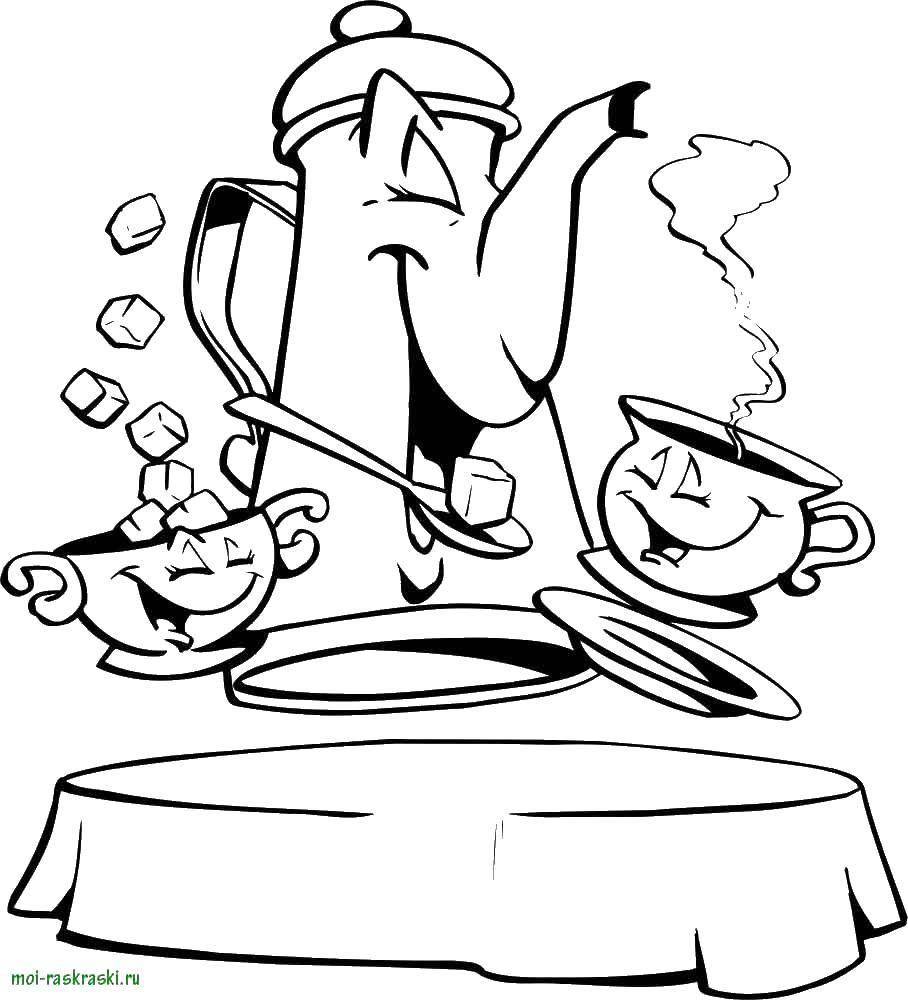 Название: Раскраска Чайный сервиз. Категория: Персонажи из мультфильма. Теги: чайный сервиз, красавица и чудовище, дисней.