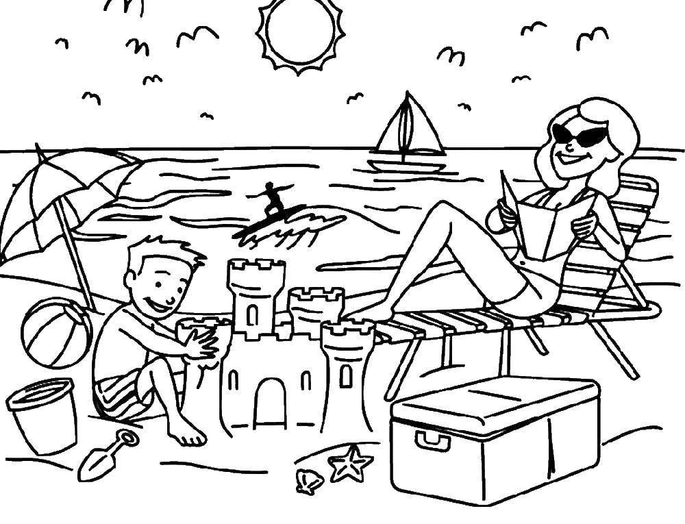 Название: Раскраска Пляжный отдых. Категория: Пляж. Теги: Пляж, дети, игры, замок из песка, отдых.