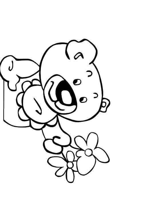Розмальовки  Мишко з квіточкою. Завантажити розмальовку Іграшка, ведмідь.  Роздрукувати ,ведмедики з квітами,