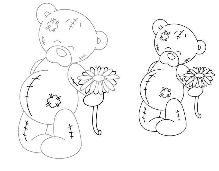 Розмальовки  Ведмедик тедді з квіточкою. Завантажити розмальовку Ведмедик Тедді.  Роздрукувати ,ведмедики тедді,