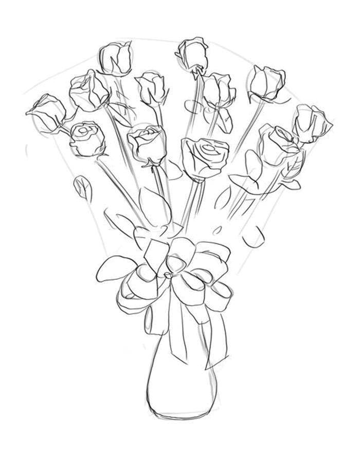 Название: Раскраска Букет роз в вазе. Категория: цветы. Теги: Цветы, букет, ваза.