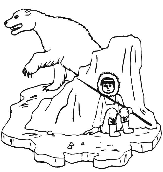 Название: Раскраска Эскимос и белый медведь. Категория: дикие животные. Теги: Животные, белый медведь.