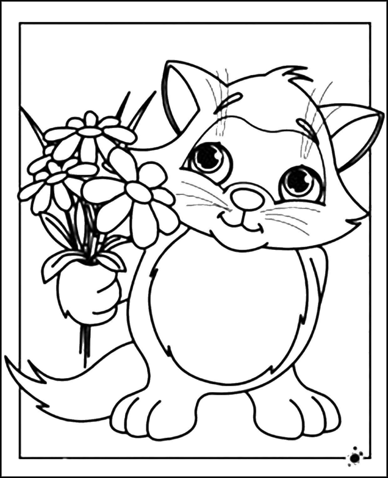 Название: Раскраска Котёнок с цветами. Категория: малышам. Теги: Животные, котёнок.
