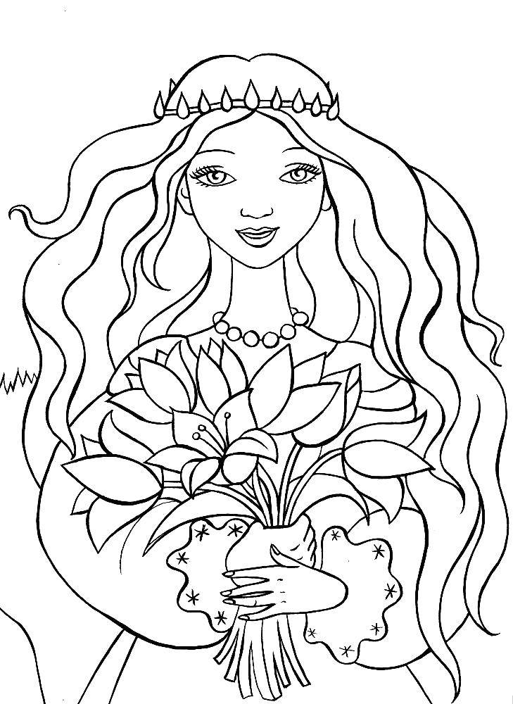 Coloring Girl with bouquet of tulips. Category flowers. Tags:  Flowers, tulips.