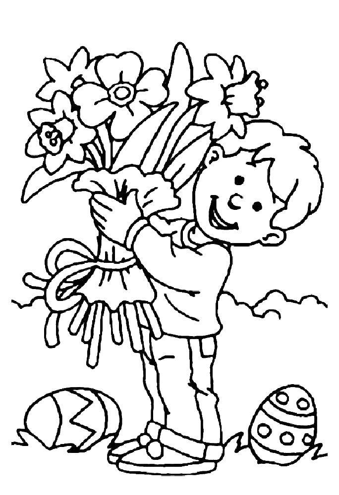 Название: Раскраска Мальчик с букетом. Категория: цветы. Теги: Цветы, букет.