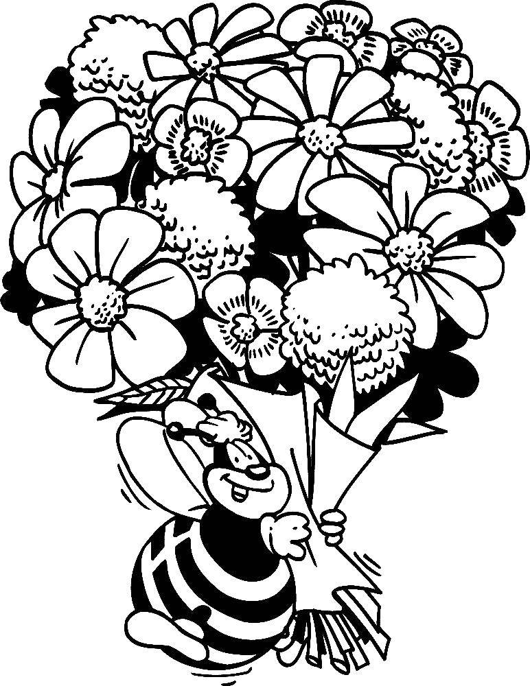 Название: Раскраска Пчёлка с букетом. Категория: цветы. Теги: Цветы, букет.