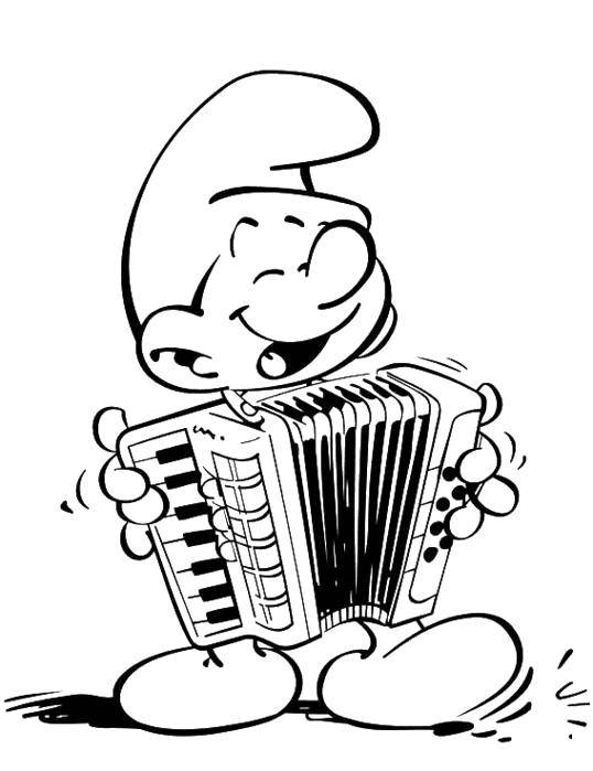 Coloring Smurf playing the accordion. Category Cartoon character. Tags:  Cartoon character, Smurfs, fun.