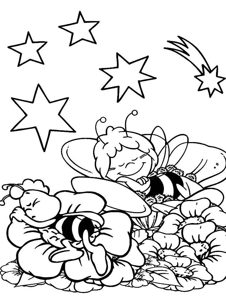 Coloring Sleeping bees. Category Coloring pages for kids. Tags:  Bee, honey, flowers.