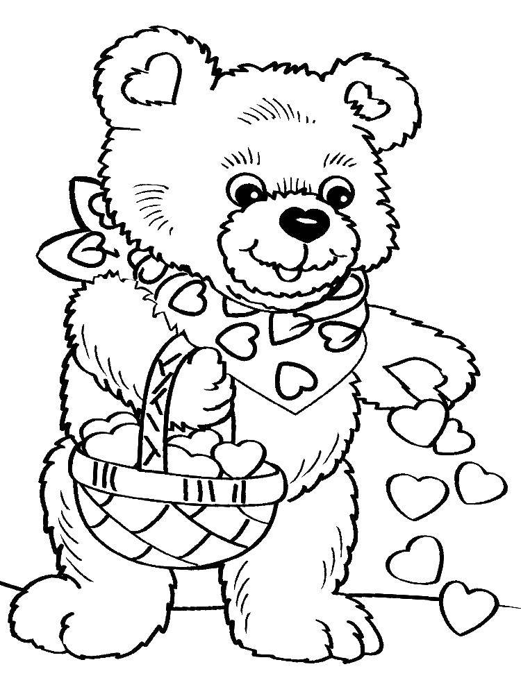 Coloring Bear with hearts. Category Valentines day. Tags:  Valentines day, love, heart, Teddy bear.