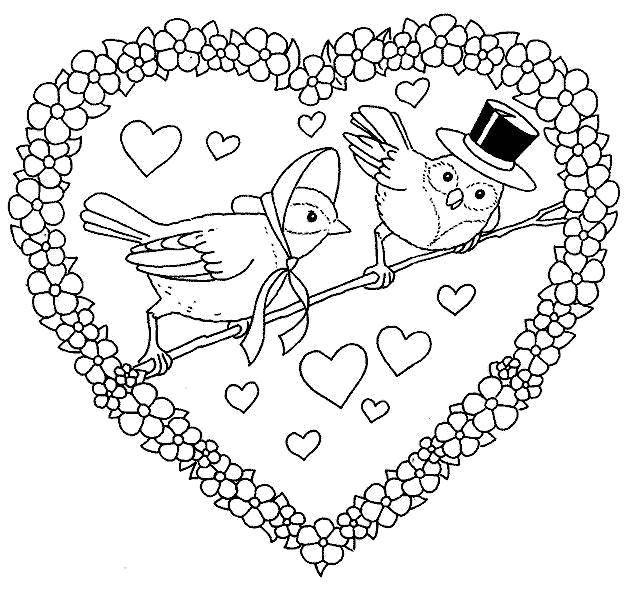 Название: Раскраска Влюбленные птички поют среди сердечек. Категория: день святого валентина. Теги: День Святого Валентина, любовь, сердце.