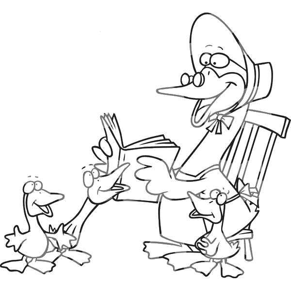 Название: Раскраска Утка бабушка в очках и шляпе читает книгу трем утятам сидя на стуле. Категория: Контуры для вырезания птиц. Теги: утки, птицы.