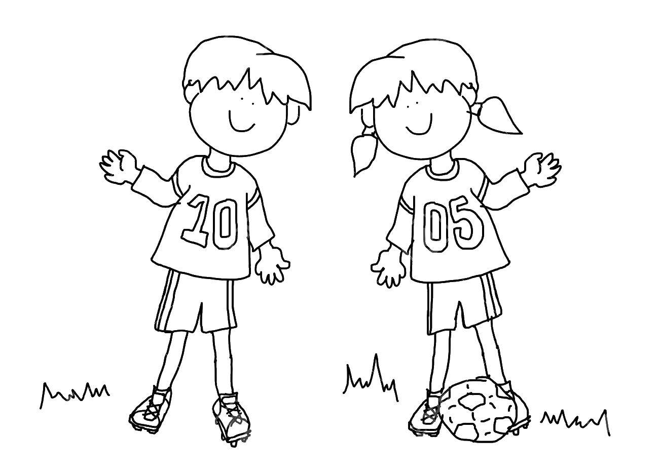 Название: Раскраска Мальчик и девочка играют в футбол. Категория: Контур людей. Теги: Мальчик, девочка.