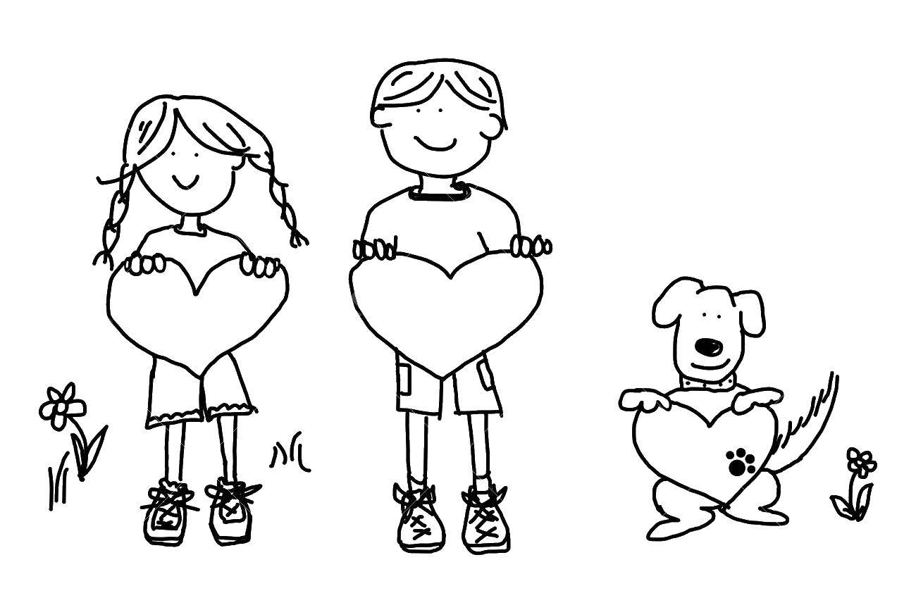 Coloring Boy and girl with dog. Category The contour of people. Tags:  Boy, girl, dog.