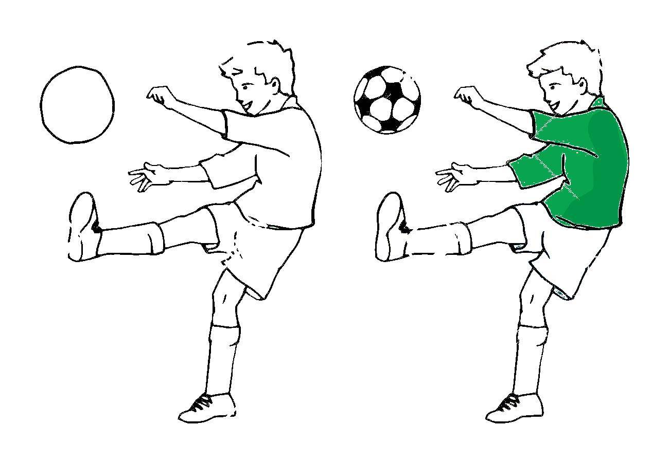 Название: Раскраска Мальчик  играет в футбол. Категория: контур мальчика. Теги: мальчик, футбол.