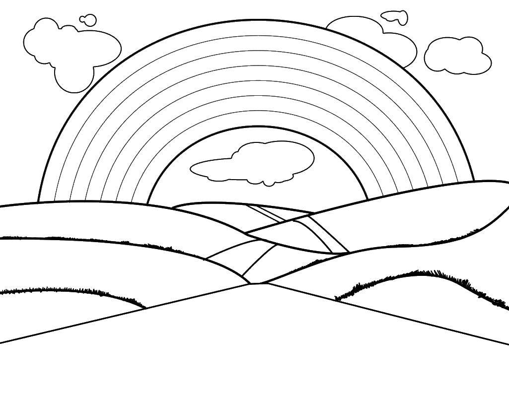 Название: Раскраска Радуга над холмами. Категория: Контур радуги. Теги: радуга.