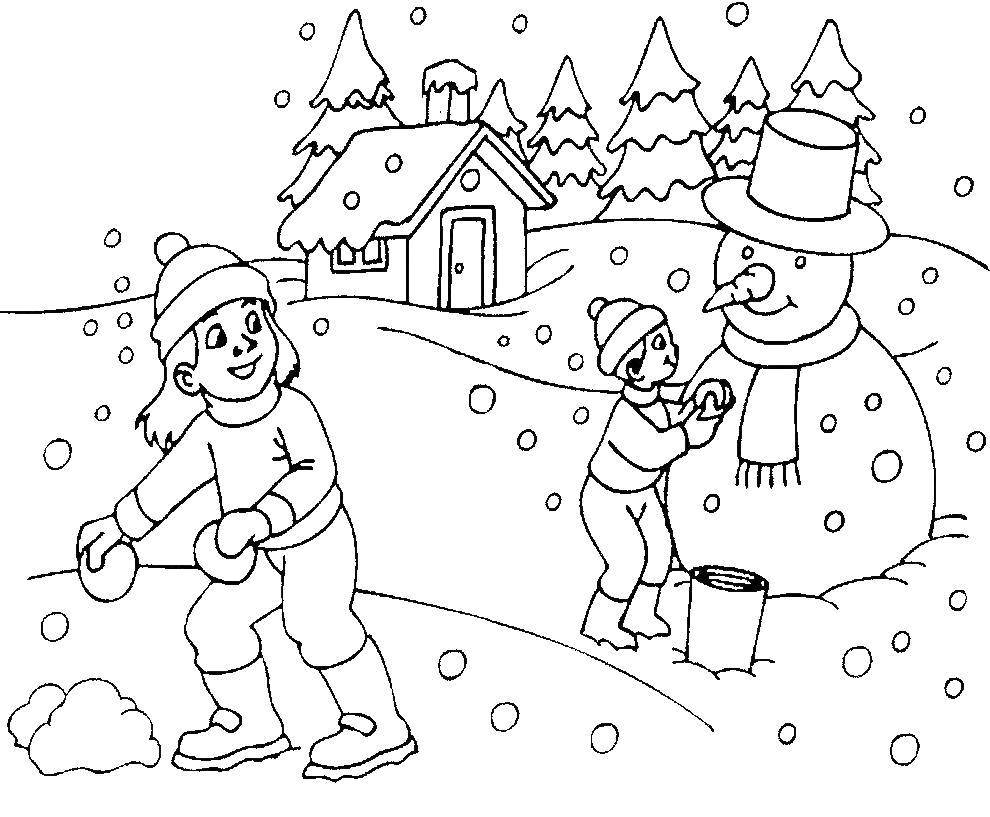 Название: Раскраска Дети лепят снеговика. Категория: раскраски зима. Теги: дети, снеговик.