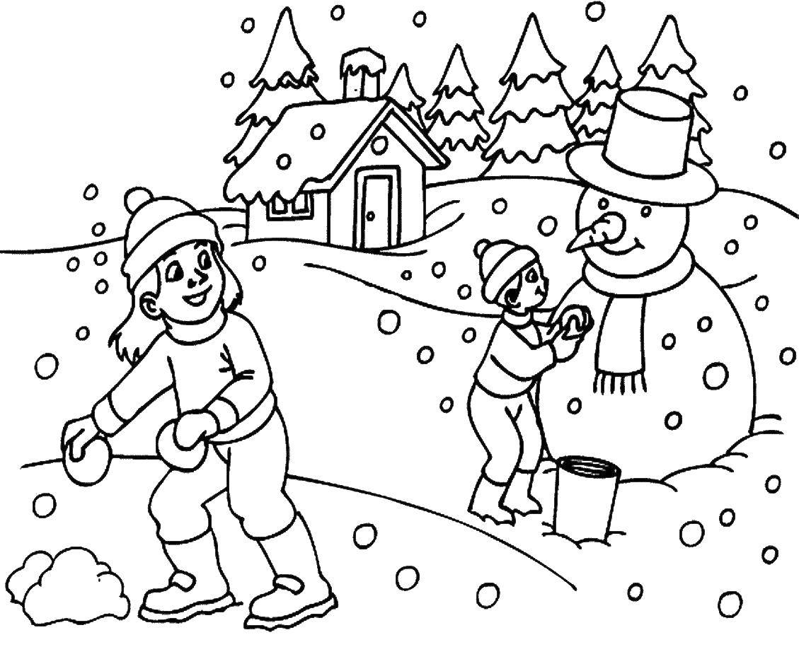 Название: Раскраска Дети лепят снеговика. Категория: зима. Теги: дети, снег, снеговик.