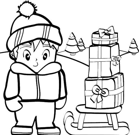 Название: Раскраска Мальчик в лесу на санках везет подарки. Категория: раскраски зима. Теги: мальчик, санки, подарки.