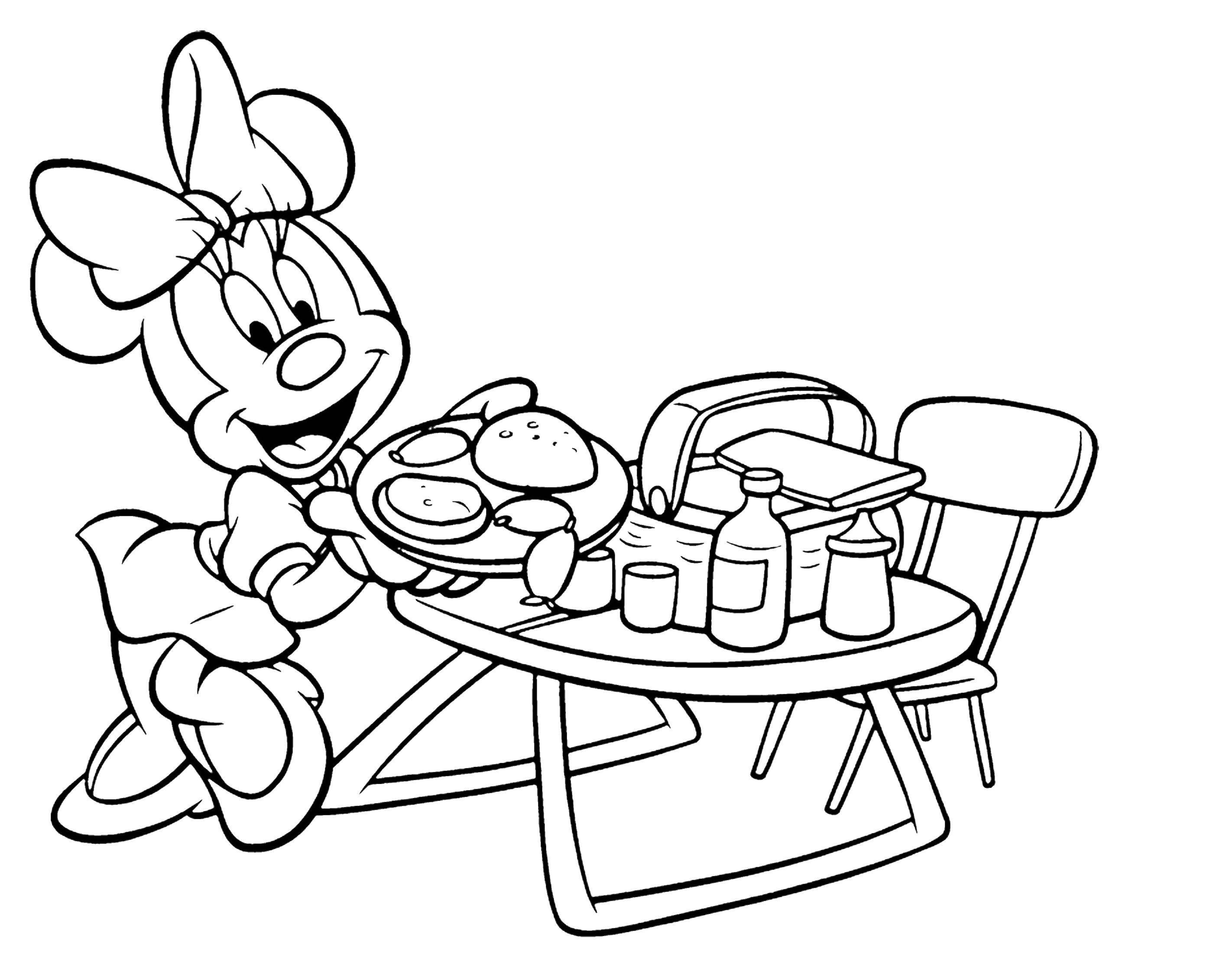 Название: Раскраска Минни маус готовит еду на пикник. Категория: мультики. Теги: Минни, МиккиМаус.