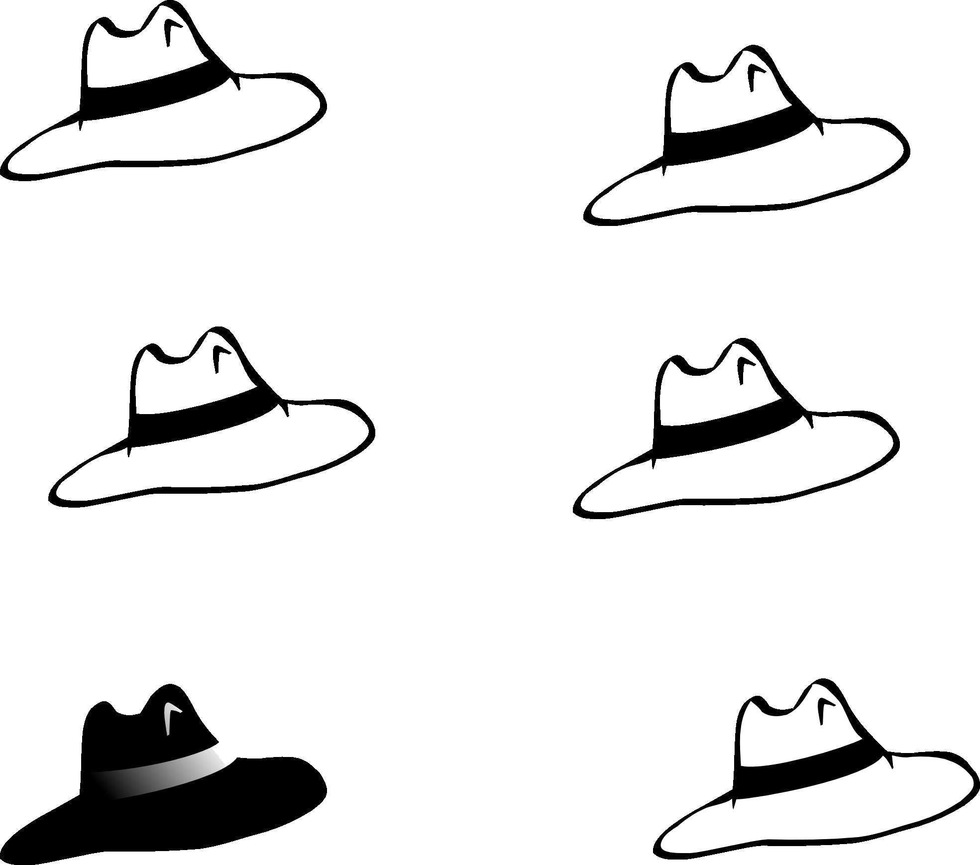 Название: Раскраска Пять белых шляп и одна черная шляпа. Категория: Одежда. Теги: шляпа, головнойубор.