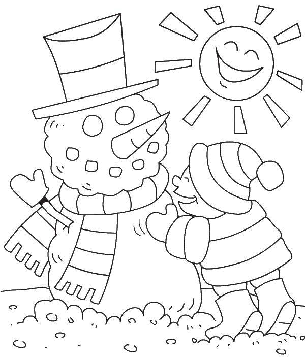 Coloring Child sculpts a snowman. Category coloring winter. Tags:  snowman, children.