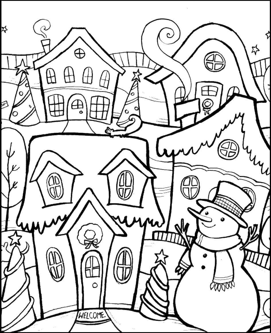 Coloring Snowman in front of houses. Category snow. Tags:  snowman.