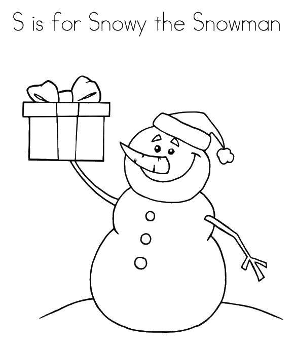 Название: Раскраска Снеговик с подарком. Категория: раскраски зима. Теги: снеговик.