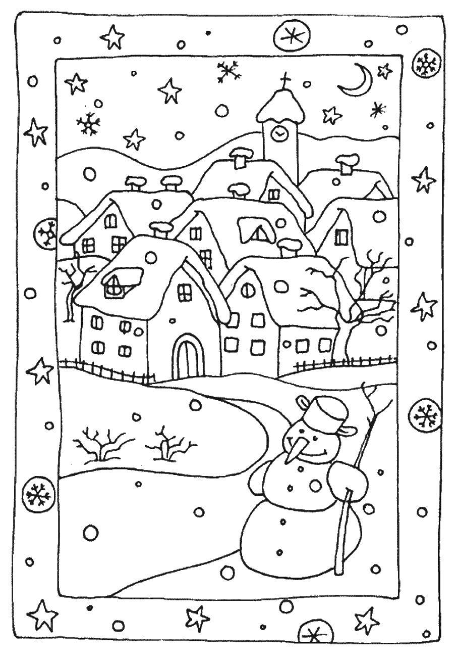 Название: Раскраска Снеговик в деревне. Категория: раскраски зима. Теги: снеговик.