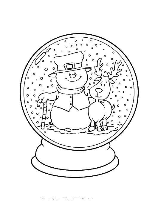 Название: Раскраска Стеклянный шар с снеговиком и оленем. Категория: раскраски зима. Теги: шар, снеговик, олень.