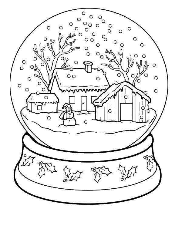 Название: Раскраска Стеклянный шар с снеговиком. Категория: раскраски зима. Теги: снеговик, шар.
