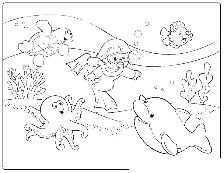 Название: Раскраска Дайвер в океане  с морскими животными. Категория: морское. Теги: дайвер, морские, животные.