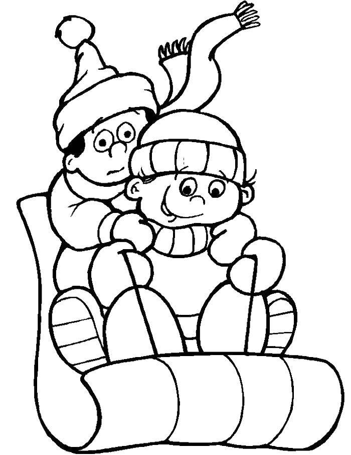 Coloring Children sledding. Category coloring winter. Tags:  sled, children.
