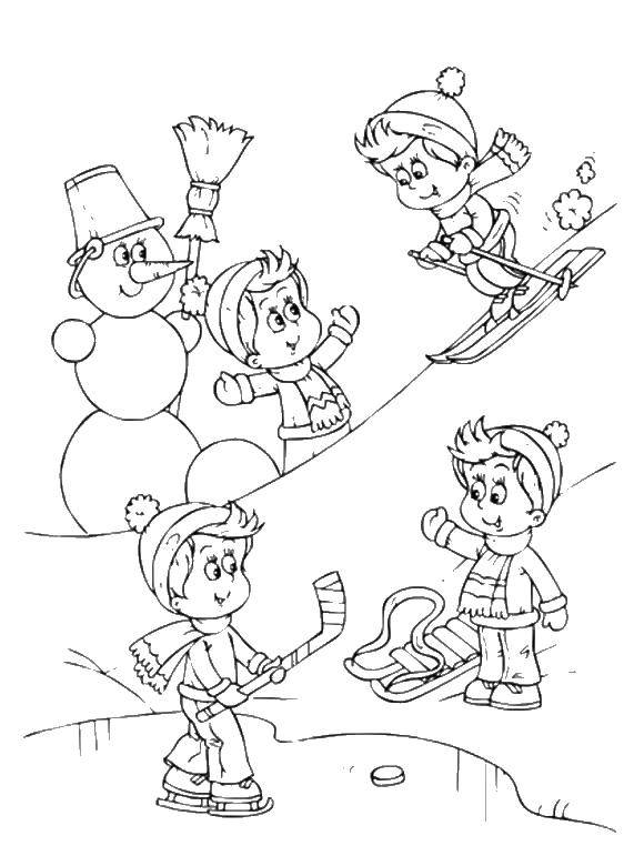 Coloring Children sledding. Category coloring winter. Tags:  children, snow.