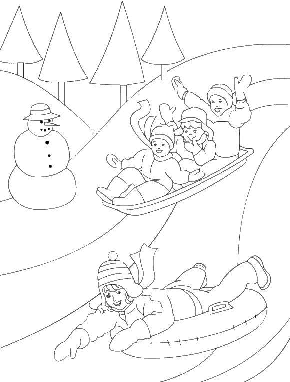 Coloring Children riding a roller coaster. Category coloring winter. Tags:  slides, children, winter.