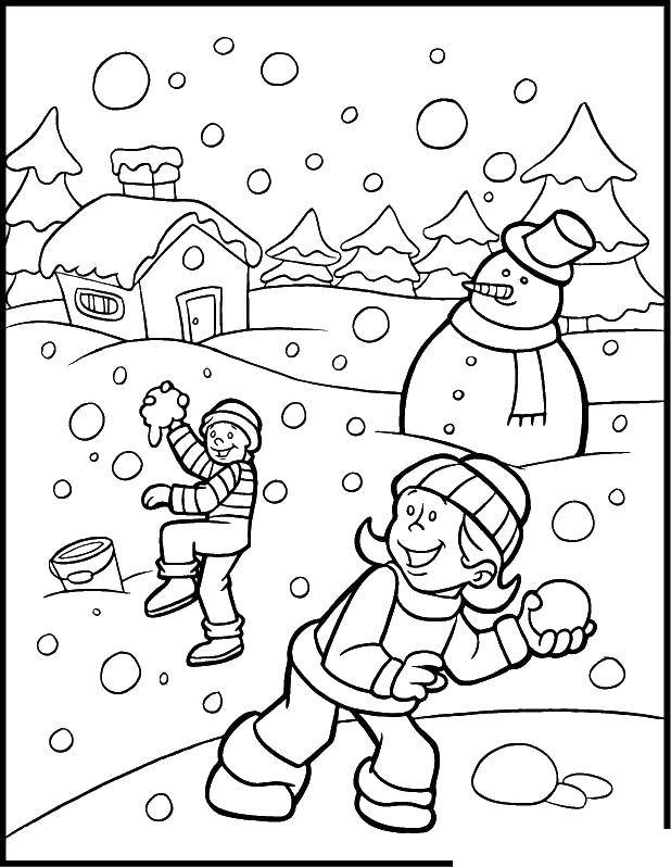 Название: Раскраска Дети кидаются снегом. Категория: раскраски зима. Теги: дети, снег.