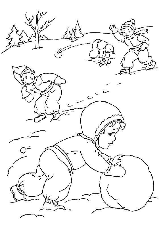 Название: Раскраска Дети лепят снеговика. Категория: Люди. Теги: дети, снег.
