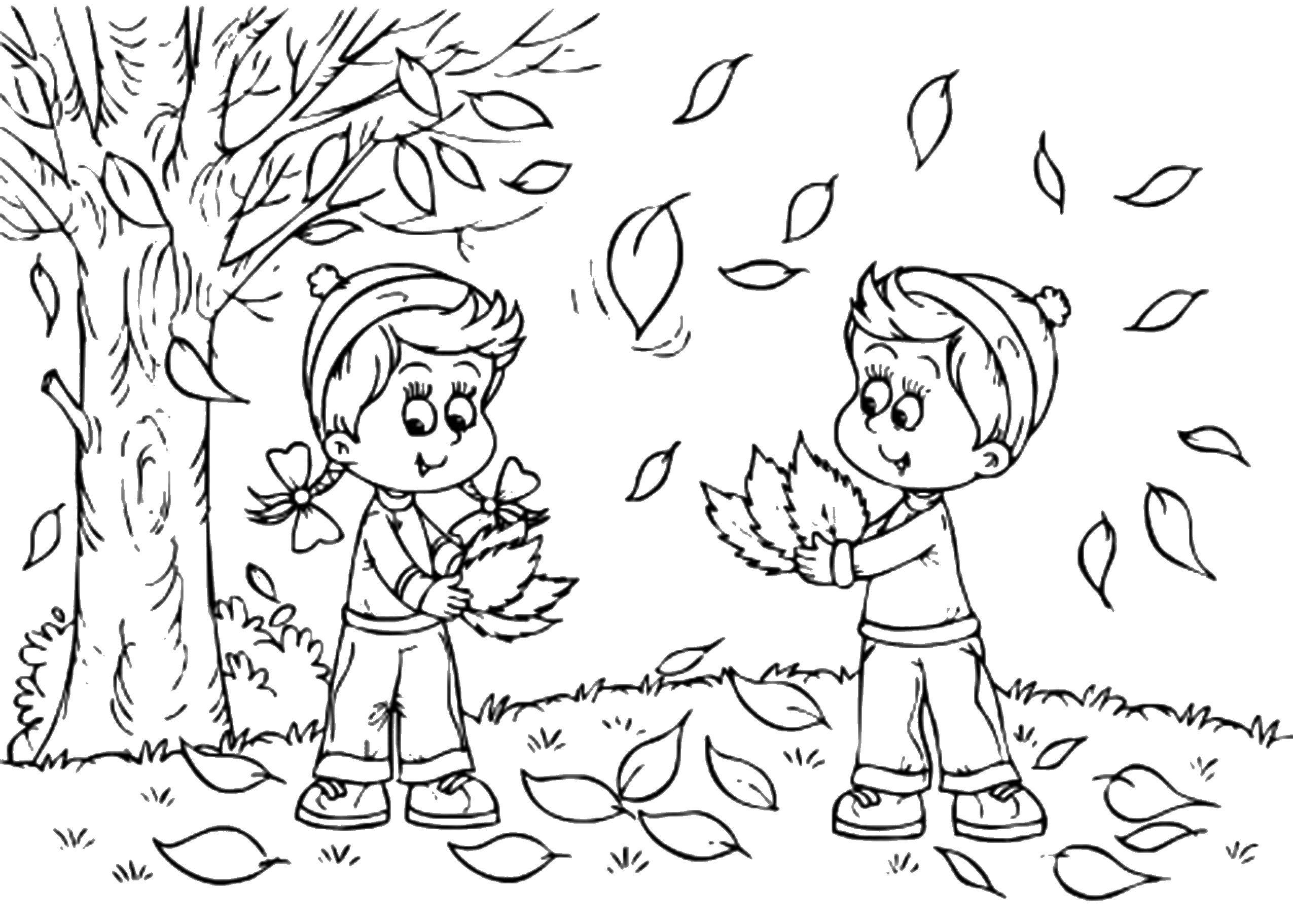 Название: Раскраска Дети собирают листья. Категория: Осень. Теги: листья, дети.