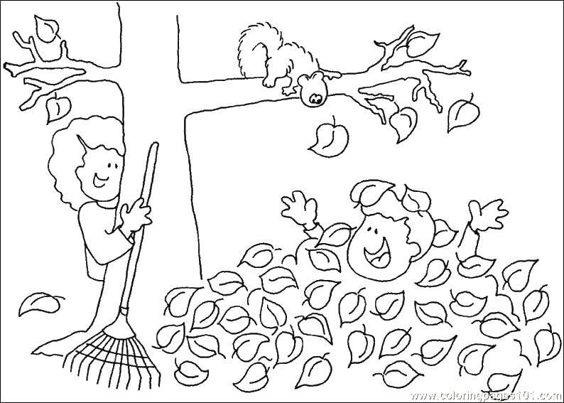 Название: Раскраска Дети собирают осенние листья. Категория: Осень. Теги: осень.