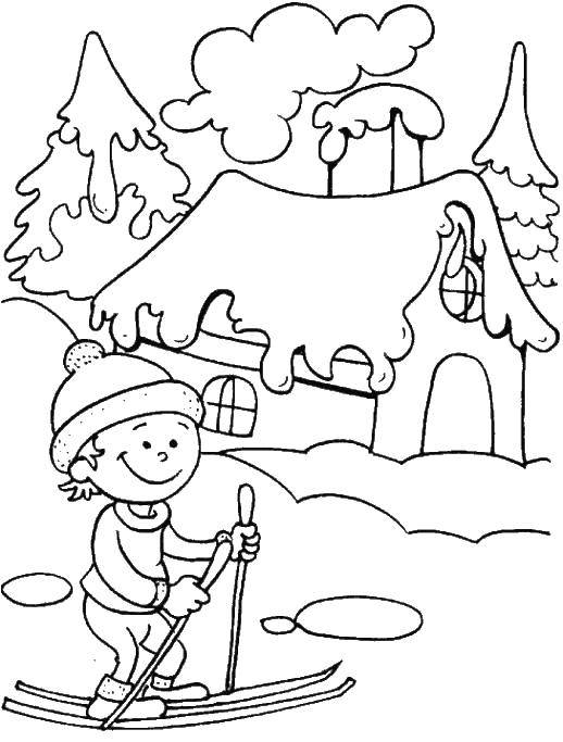 Название: Раскраска Мальчик катается на лыжах. Категория: раскраски зима. Теги: Мальчик, лыжи, снег.