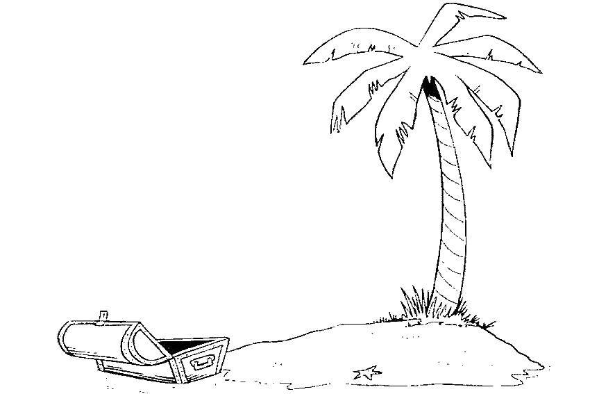 Название: Раскраска Пальма на острове. Категория: Лето. Теги: пальма, сундук, остров.