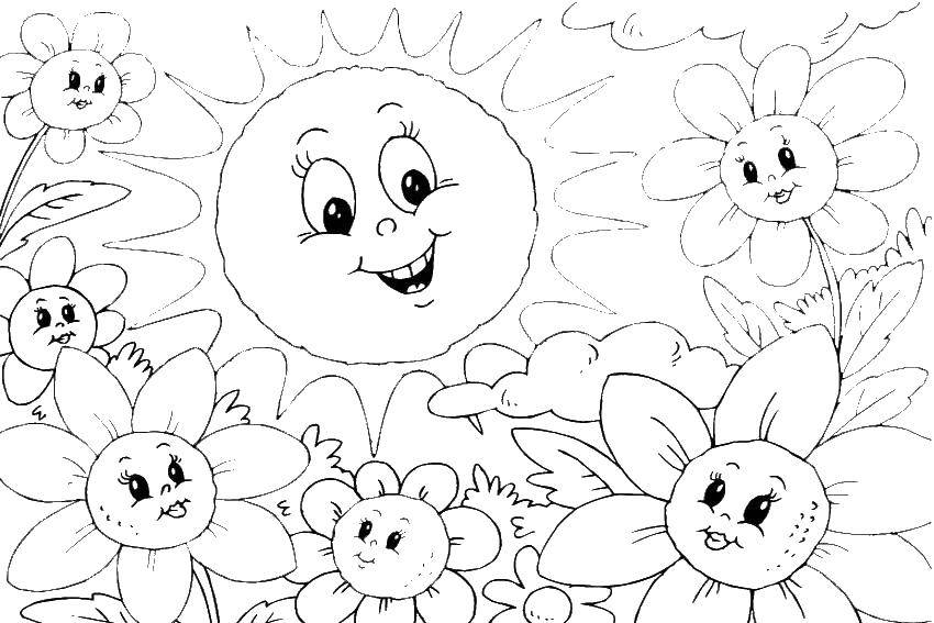 Название: Раскраска Солнце и цветы. Категория: Лето. Теги: солнце, лето.
