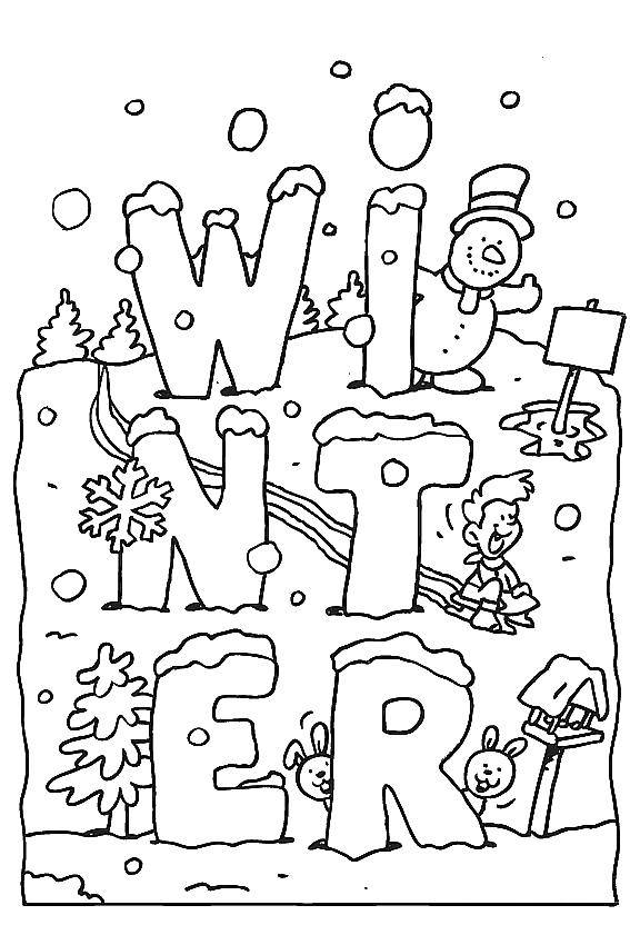 Coloring Winter picture. Category coloring winter. Tags:  snowman, rabbits.