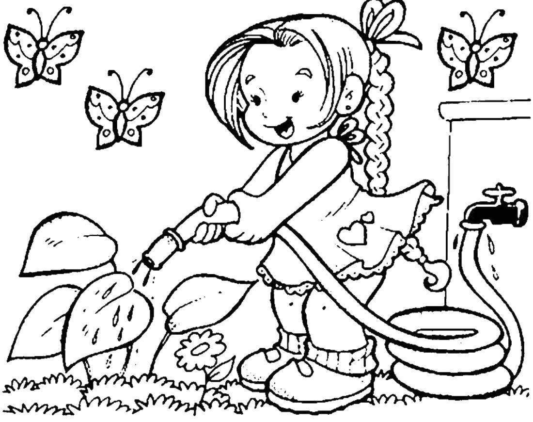 Coloring Girl watering plants among butterflies. Category Spring. Tags:  girl , butterfly, watering.