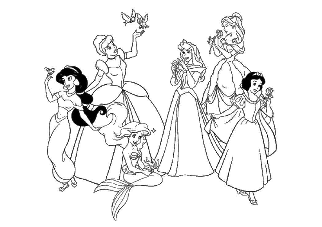 Название: Раскраска Диснеевские принцессы празднуют весну. Категория: Диснеевские мультфильмы. Теги: принцесса.