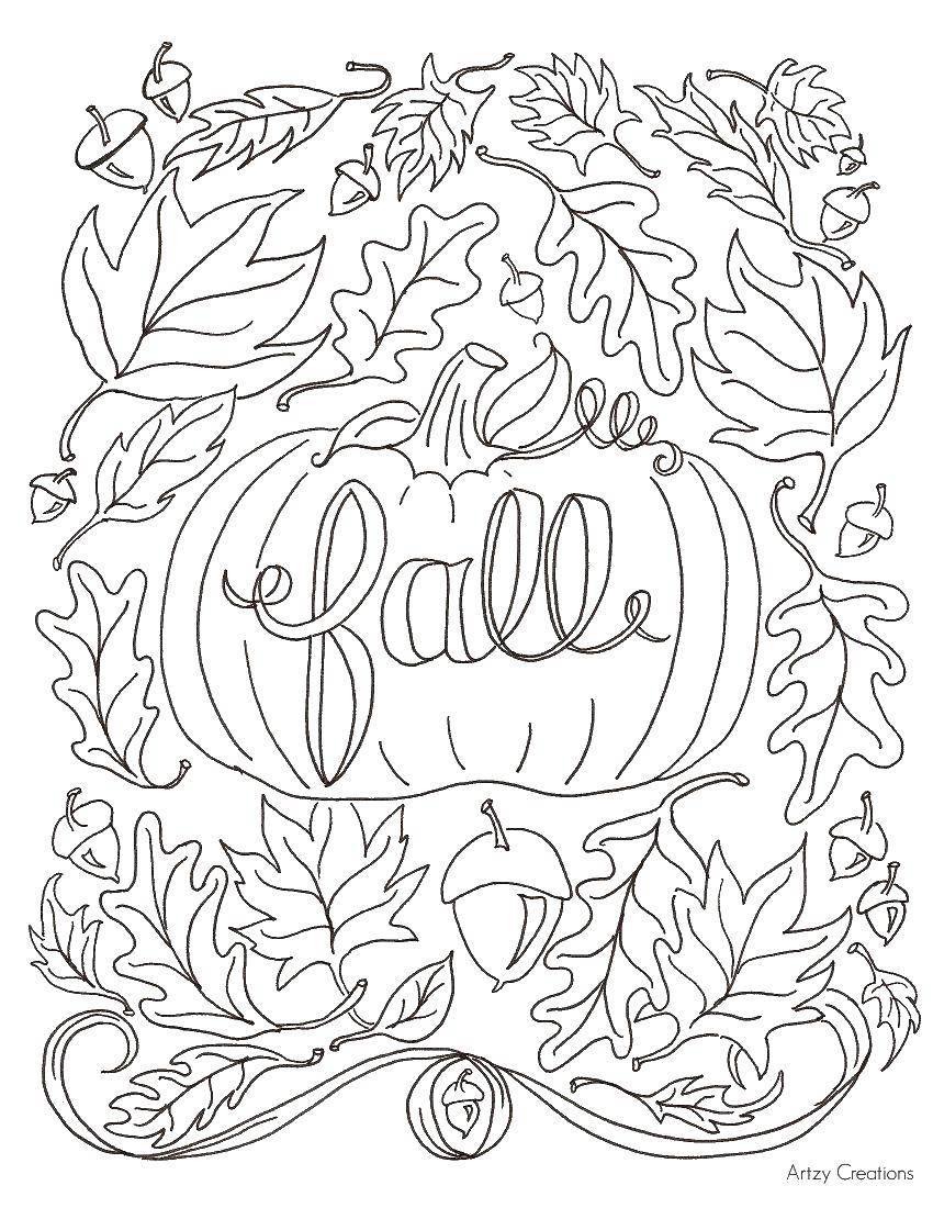 Название: Раскраска Тыква желуди и листья. Категория: Осень. Теги: тыква, листья.